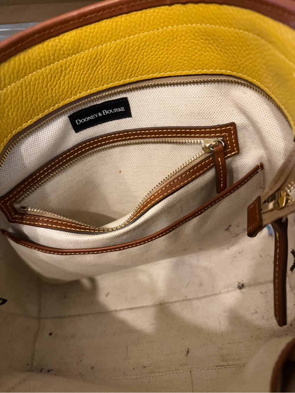 Dooney & Bourke Yellow Leather Tote with Brown Trim and DB Charm (Imitation) - Picture 5 of 6